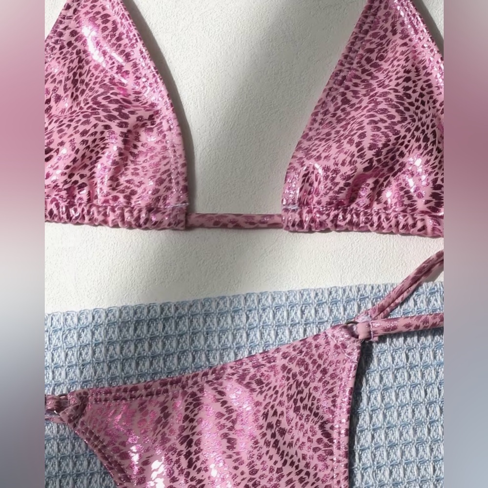 Pink Animal Print Halter Thong Bikini Set - Picture 5 of 10